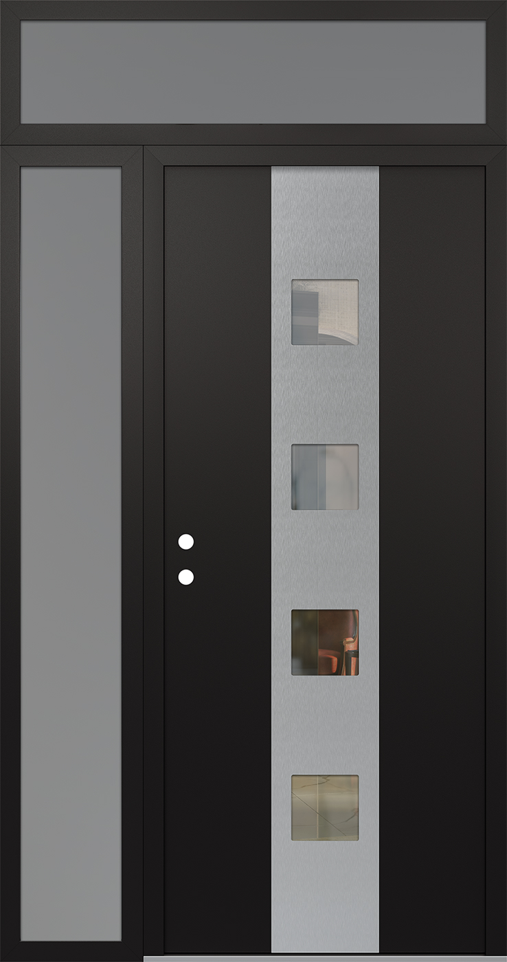 Modern Steel Front Door DIAMOND A12 48" X 96" BLACK/BLACK CLEAR GLASS PANEL STAINLESS STEEL RHI WITH SIDELITE AND TRANSOM FROSTED GLASS