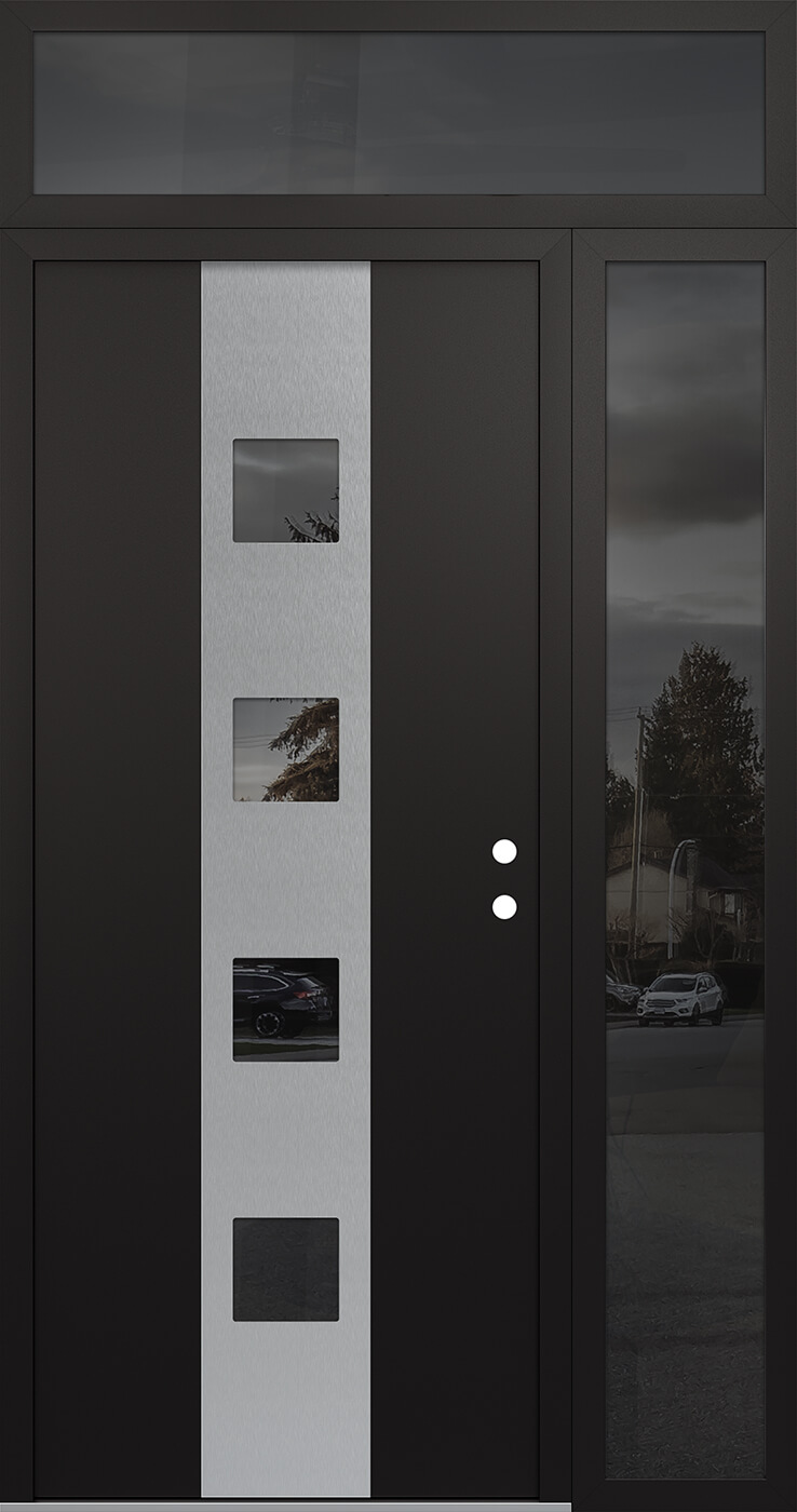 Modern Steel Front Door DIAMOND A12 48" X 96" BLACK/BLACK MIRRORED GLASS PANEL STAINLESS STEEL LHI WITH SIDELITE AND TRANSOM MIRRORED GLASS