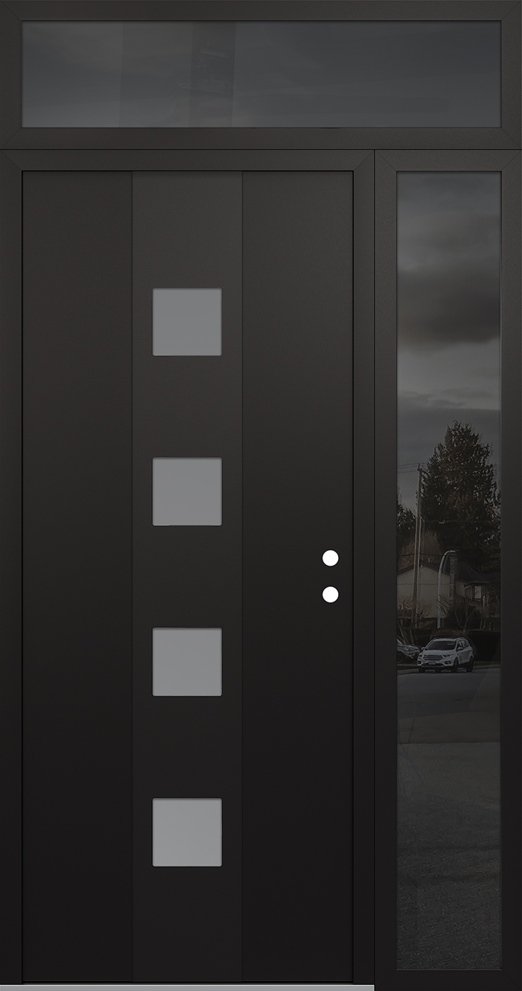 Modern Steel Front Door DIAMOND A12 48" X 96" BLACK/WHITE FROSTED GLASS PANEL BLACK LHI WITH SIDELITE AND TRANSOM MIRRORED GLASS