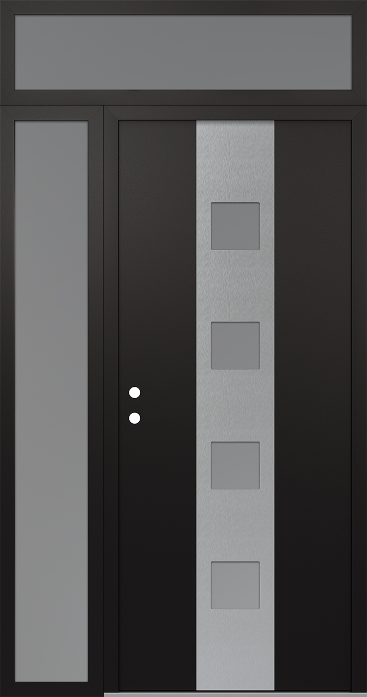 Modern Steel Front Door DIAMOND A12 48" X 96" BLACK/WHITE FROSTED GLASS PANEL STAINLESS STEEL RHI WITH SIDELITE AND TRANSOM FROSTED GLASS
