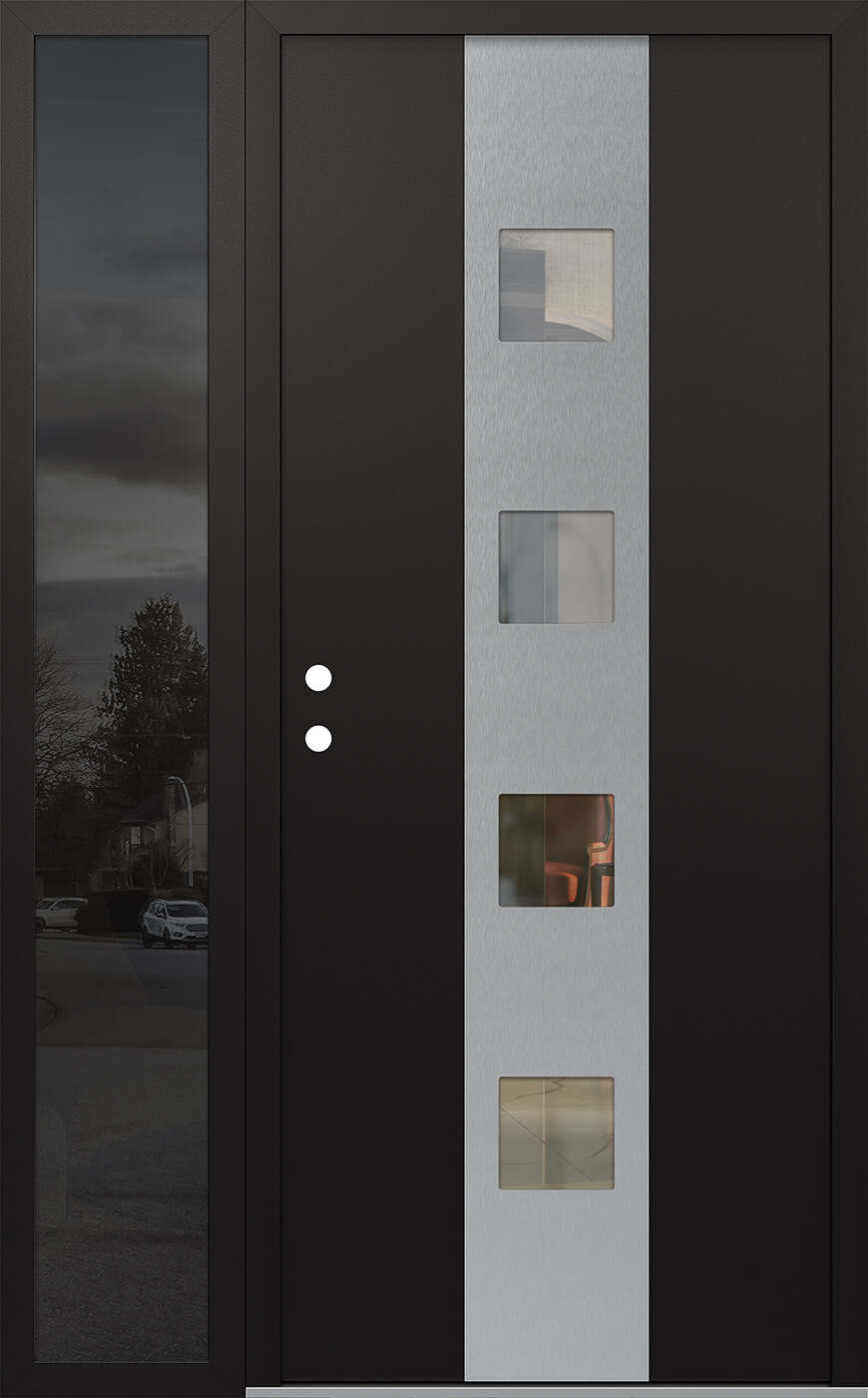 Modern Steel Front Door DIAMOND A12 50" X 80" BLACK/BLACK CLEAR GLASS PANEL STAINLESS STEEL RHI WITH SIDELITE MIRRORED GLASS