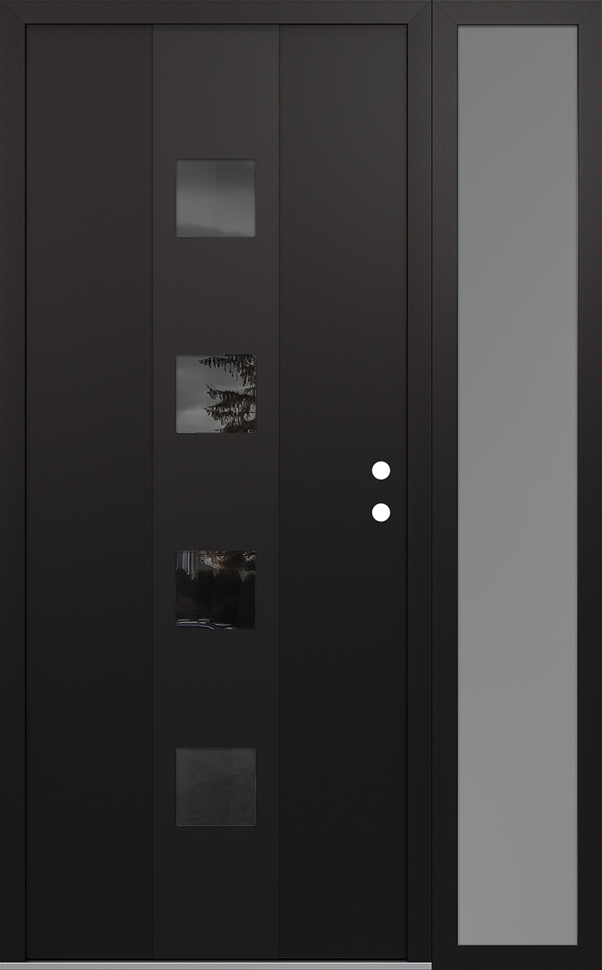Modern Steel Front Door DIAMOND A12 50" X 80" BLACK/BLACK MIRRORED GLASS PANEL BLACK LHI WITH SIDELITE FROSTED GLASS