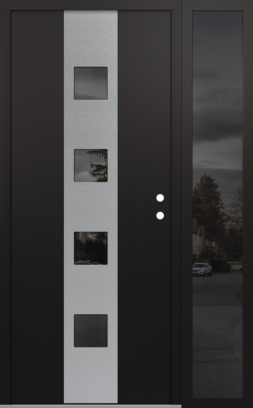 Modern Steel Front Door DIAMOND A12 50" X 80" BLACK/BLACK MIRRORED GLASS PANEL STAINLESS STEEL LHI WITH SIDELITE MIRRORED GLASS