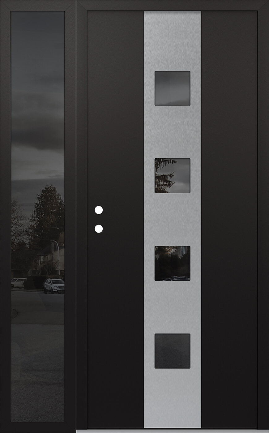 Modern Steel Front Door DIAMOND A12 50" X 80" BLACK/BLACK MIRRORED GLASS PANEL STAINLESS STEEL RHI WITH SIDELITE MIRRORED GLASS