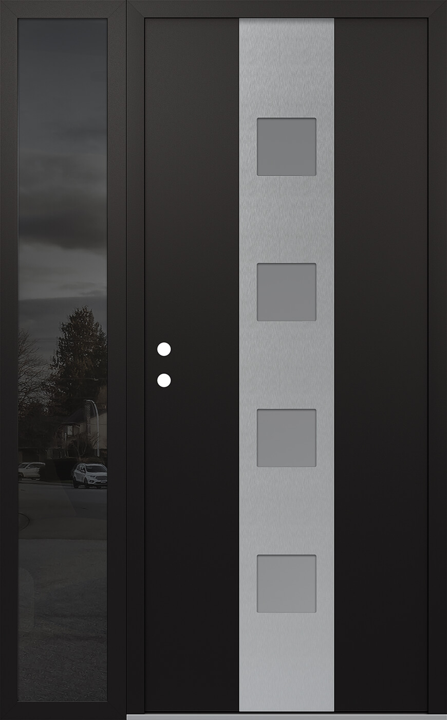 Modern Steel Front Door DIAMOND A12 50" X 80" BLACK/WHITE FROSTED GLASS PANEL STAINLESS STEEL RHI WITH SIDELITE MIRRORED GLASS