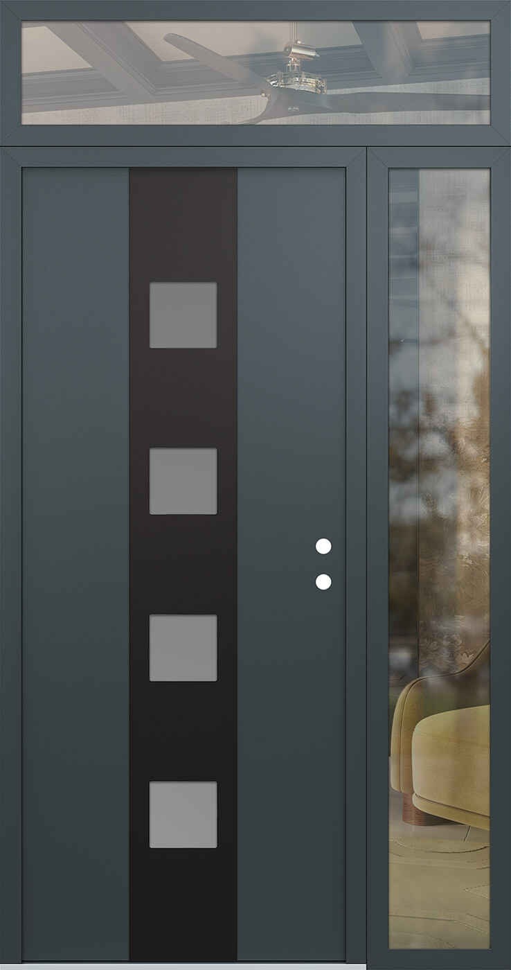 Modern Steel Front Door DIAMOND A12 50" X 96" ANTHRACITE/ANTHRACITE FROSTED GLASS PANEL BLACK LHI WITH SIDELITE AND TRANSOM CLEAR GLASS
