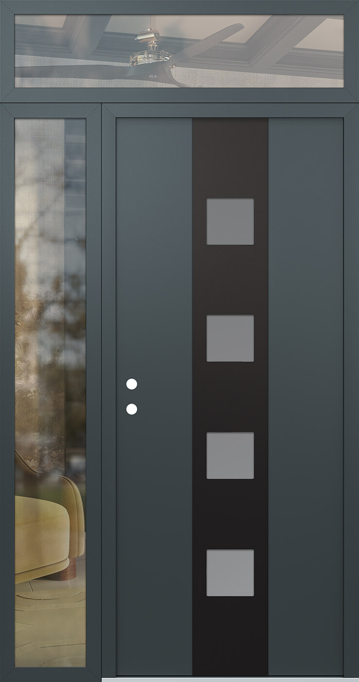 Modern Steel Front Door DIAMOND A12 50" X 96" ANTHRACITE/ANTHRACITE FROSTED GLASS PANEL BLACK RHI WITH SIDELITE AND TRANSOM CLEAR GLASS