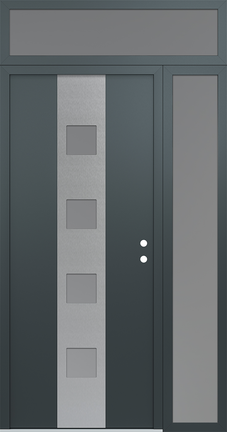 Modern Steel Front Door DIAMOND A12 50" X 96" ANTHRACITE/ANTHRACITE FROSTED GLASS PANEL STAINLESS STEEL LHI WITH SIDELITE AND TRANSOM FROSTED GLASS