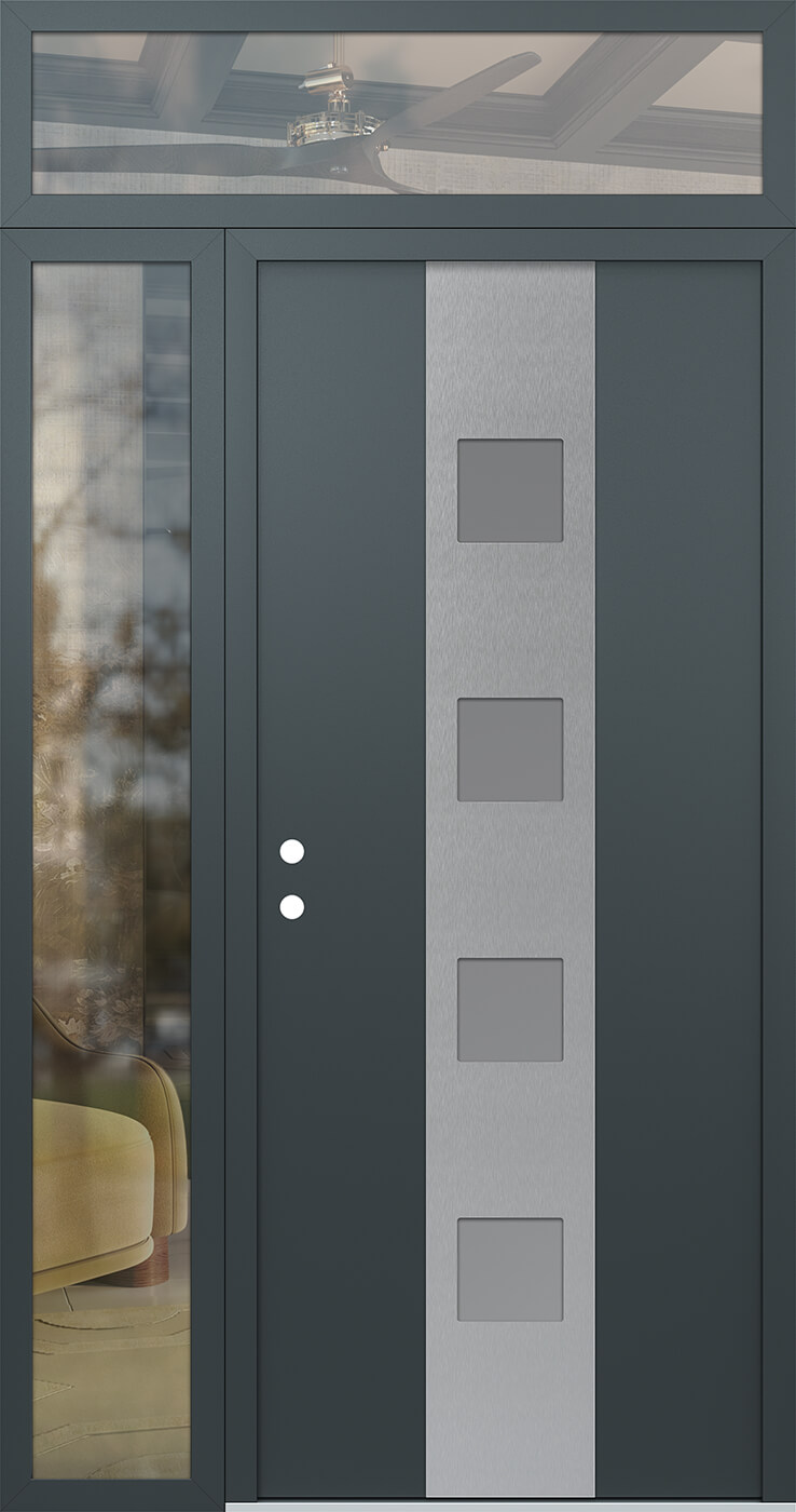 Modern Steel Front Door DIAMOND A12 50" X 96" ANTHRACITE/ANTHRACITE FROSTED GLASS PANEL STAINLESS STEEL RHI WITH SIDELITE AND TRANSOM CLEAR GLASS