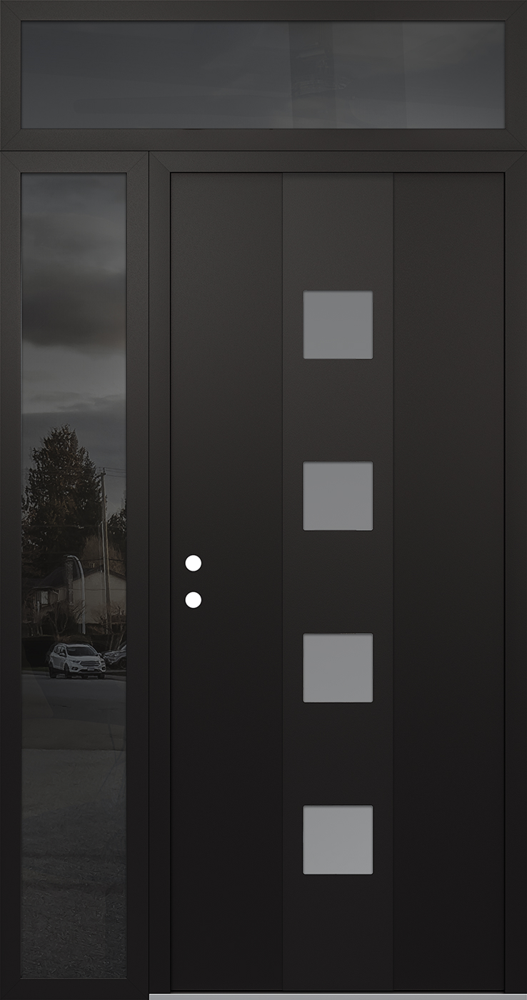 Modern Steel Front Door DIAMOND A12 50" X 96" BLACK/WHITE FROSTED GLASS PANEL BLACK RHI WITH SIDELITE AND TRANSOM MIRRORED GLASS