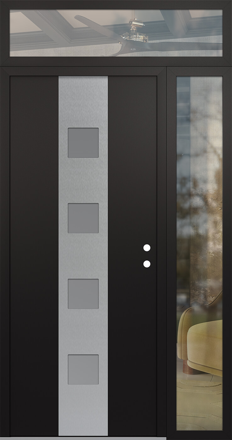 Modern Steel Front Door DIAMOND A12 50" X 96" BLACK/WHITE FROSTED GLASS PANEL STAINLESS STEEL LHI WITH SIDELITE AND TRANSOM CLEAR GLASS