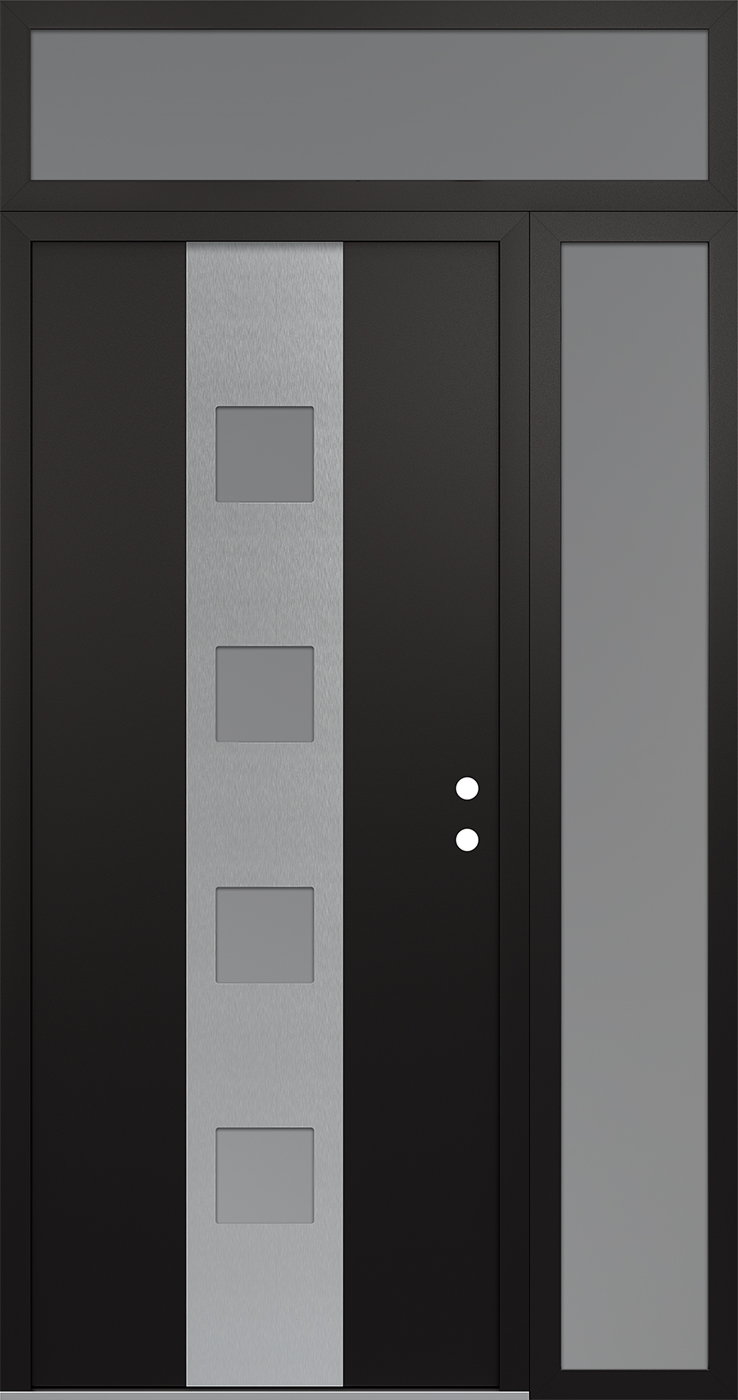 Modern Steel Front Door DIAMOND A12 50" X 96" BLACK/WHITE FROSTED GLASS PANEL STAINLESS STEEL LHI WITH SIDELITE AND TRANSOM FROSTED GLASS