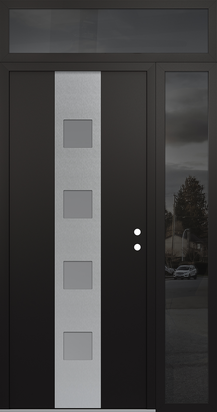 Modern Steel Front Door DIAMOND A12 50" X 96" BLACK/WHITE FROSTED GLASS PANEL STAINLESS STEEL LHI WITH SIDELITE AND TRANSOM MIRRORED GLASS