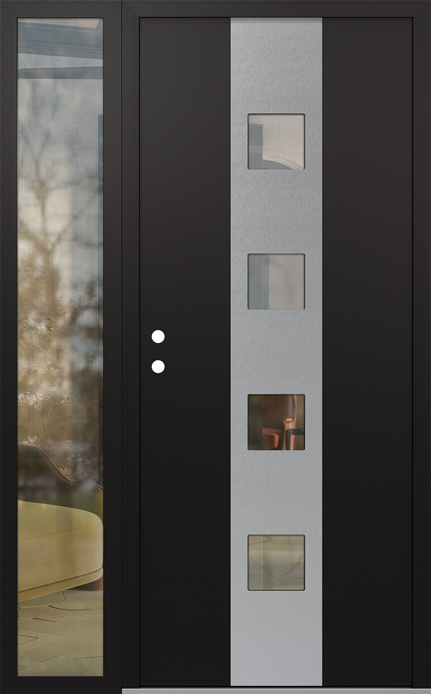 Modern Steel Front Door DIAMOND A12 52" X 80" BLACK/BLACK CLEAR GLASS PANEL STAINLESS STEEL RHI WITH SIDELITE CLEAR GLASS