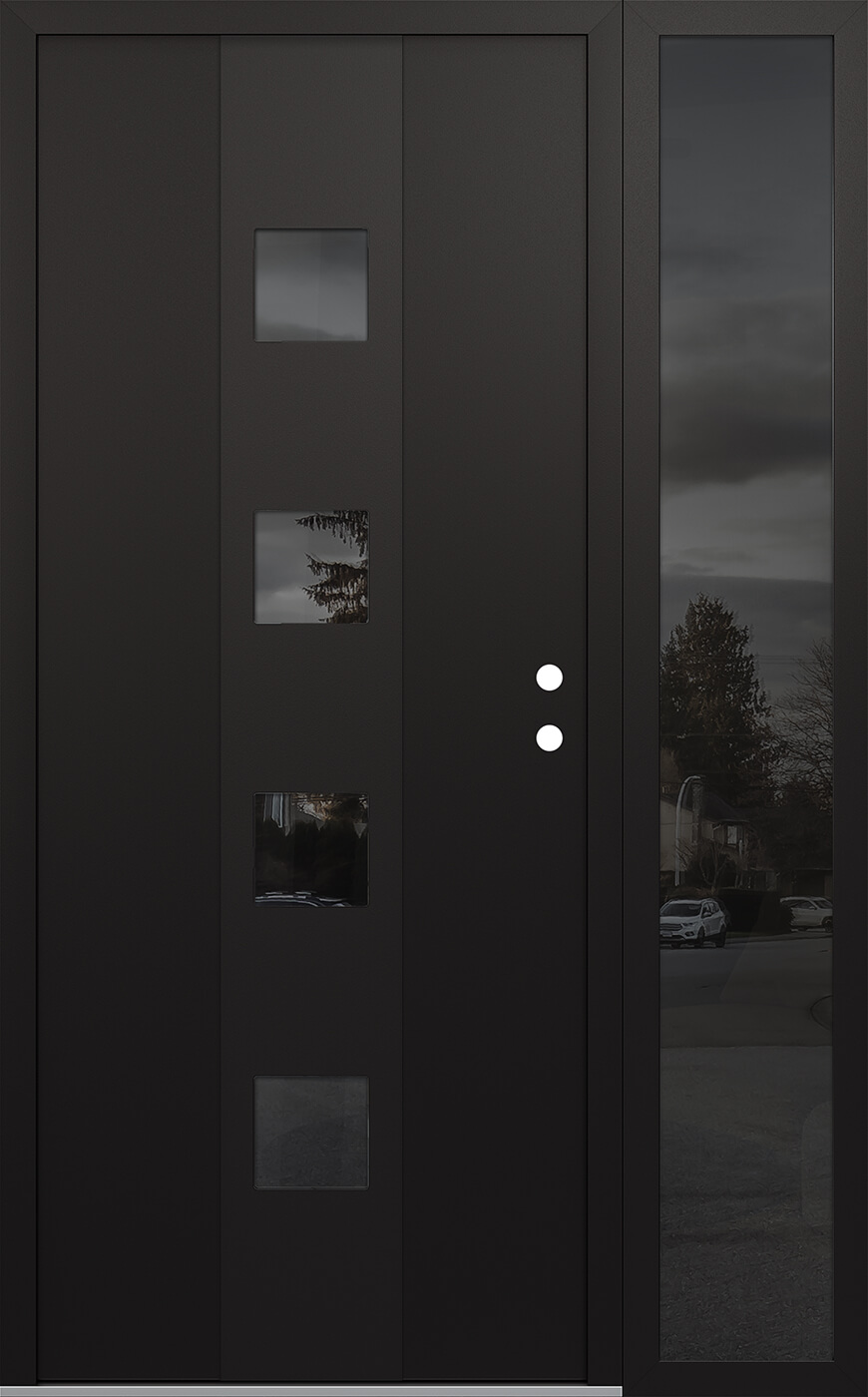 Modern Steel Front Door DIAMOND A12 52" X 80" BLACK/BLACK MIRRORED GLASS PANEL BLACK LHI WITH SIDELITE MIRRORED GLASS