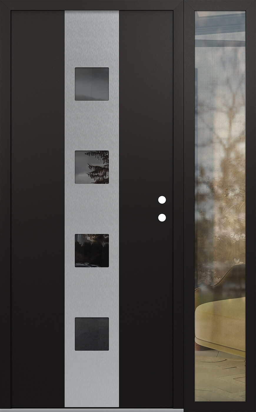 Modern Steel Front Door DIAMOND A12 52" X 80" BLACK/BLACK MIRRORED GLASS PANEL STAINLESS STEEL LHI WITH SIDELITE CLEAR GLASS