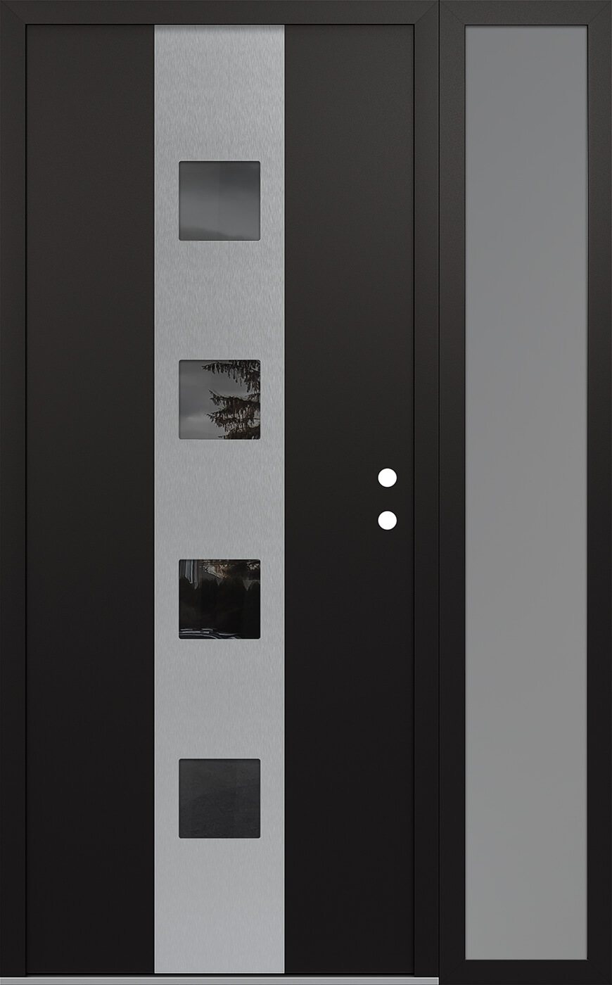 Modern Steel Front Door DIAMOND A12 52" X 80" BLACK/BLACK MIRRORED GLASS PANEL STAINLESS STEEL LHI WITH SIDELITE FROSTED GLASS