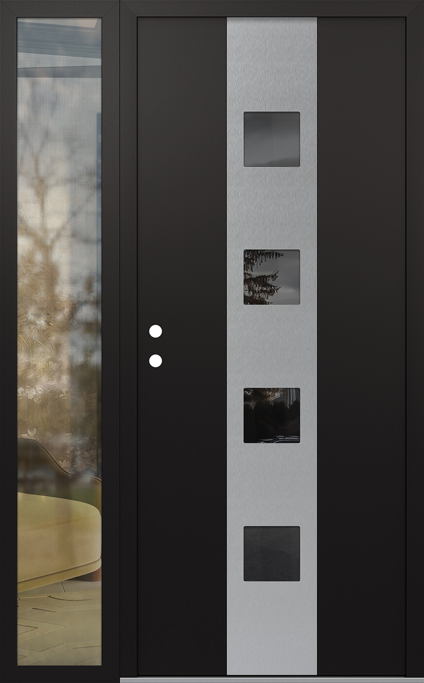 Modern Steel Front Door DIAMOND A12 52" X 80" BLACK/BLACK MIRRORED GLASS PANEL STAINLESS STEEL RHI WITH SIDELITE CLEAR GLASS
