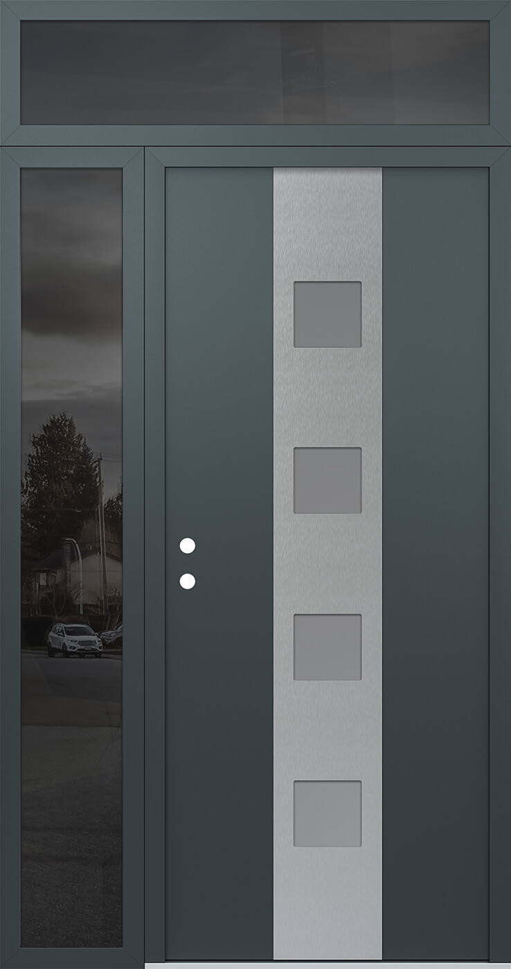 Modern Steel Front Door DIAMOND A12 52" X 96" ANTHRACITE/ANTHRACITE FROSTED GLASS PANEL STAINLESS STEEL RHI WITH SIDELITE AND TRANSOM MIRRORED GLASS