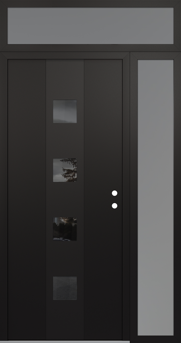 Modern Steel Front Door DIAMOND A12 52" X 96" BLACK/BLACK MIRRORED GLASS PANEL BLACK LHI WITH SIDELITE AND TRANSOM FROSTED GLASS