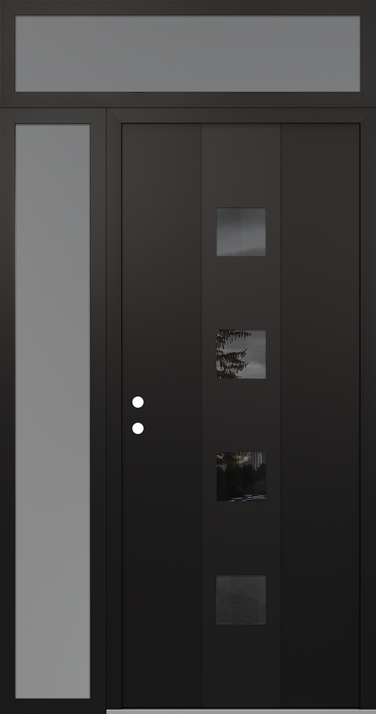 Modern Steel Front Door DIAMOND A12 52" X 96" BLACK/BLACK MIRRORED GLASS PANEL BLACK RHI WITH SIDELITE AND TRANSOM FROSTED GLASS