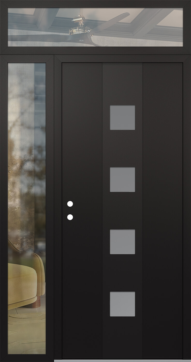Modern Steel Front Door DIAMOND A12 52" X 96" BLACK/WHITE FROSTED GLASS PANEL BLACK RHI WITH SIDELITE AND TRANSOM CLEAR GLASS