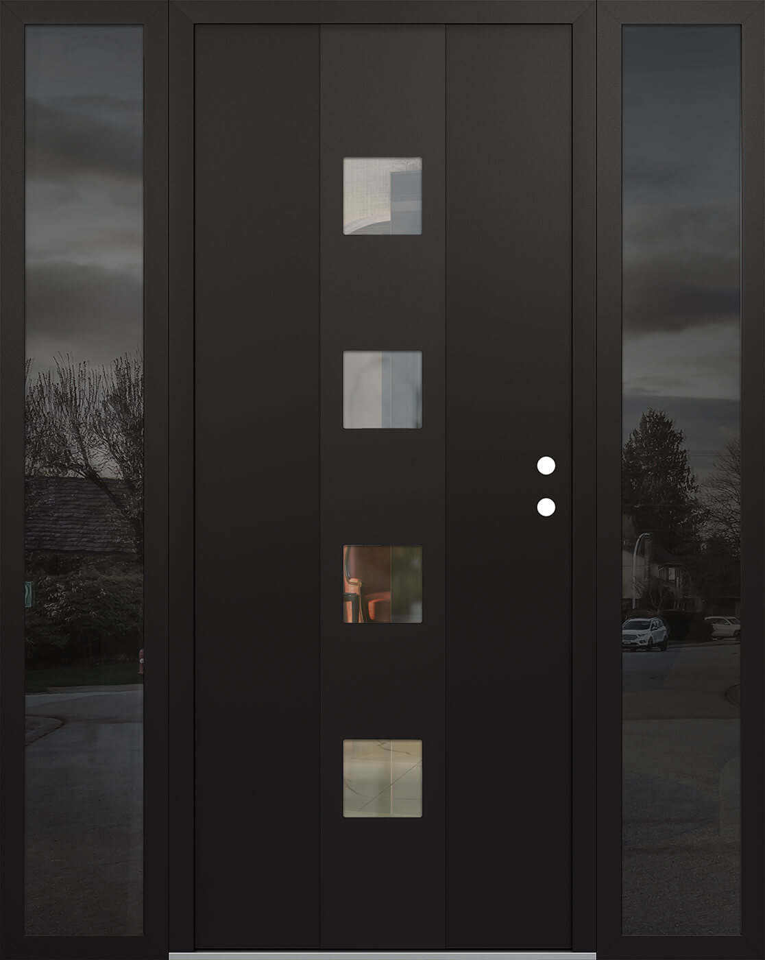 Modern Steel Front Door DIAMOND A12 60" X 80" BLACK/BLACK CLEAR GLASS PANEL BLACK LHI WITH 2 SIDELITES MIRRORED GLASS