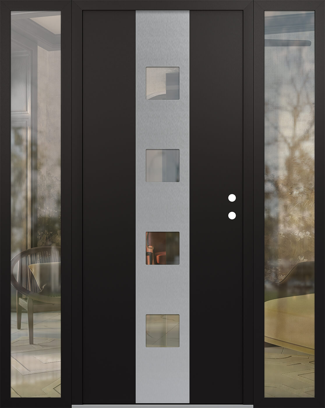 Modern Steel Front Door DIAMOND A12 60" X 80" BLACK/BLACK CLEAR GLASS PANEL STAINLESS STEEL LHI WITH 2 SIDELITES CLEAR GLASS