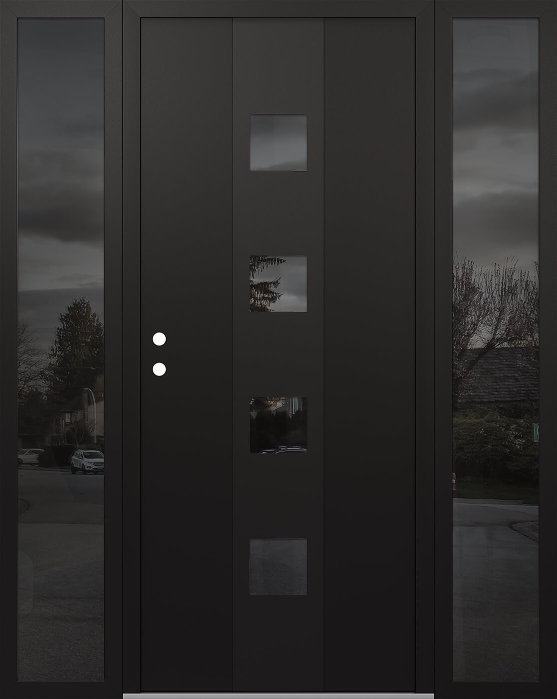 Modern Steel Front Door DIAMOND A12 60" X 80" BLACK/BLACK MIRRORED GLASS PANEL BLACK RHI WITH 2 SIDELITES MIRRORED GLASS