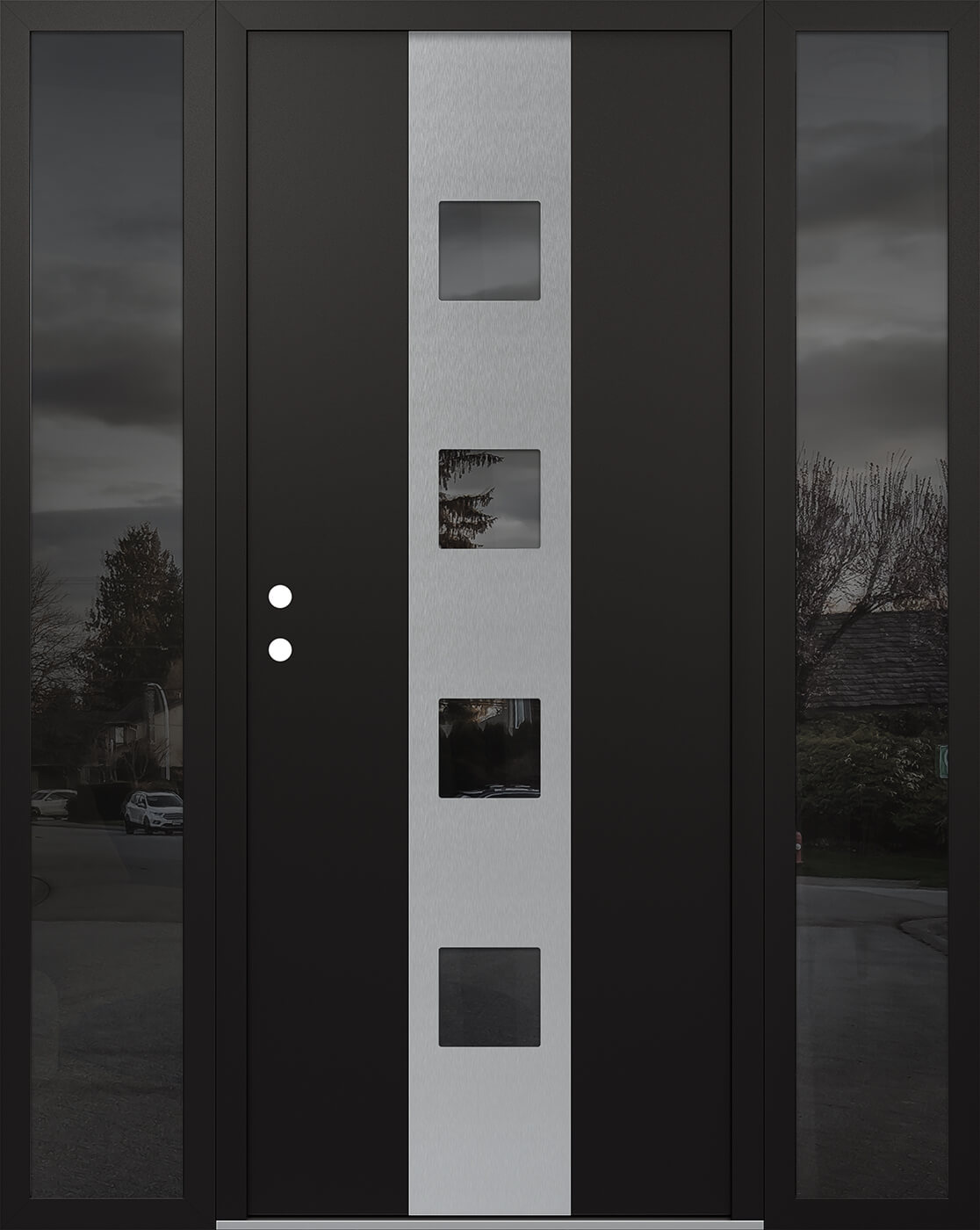 Modern Steel Front Door DIAMOND A12 60" X 80" BLACK/BLACK MIRRORED GLASS PANEL STAINLESS STEEL RHI WITH 2 SIDELITES MIRRORED GLASS