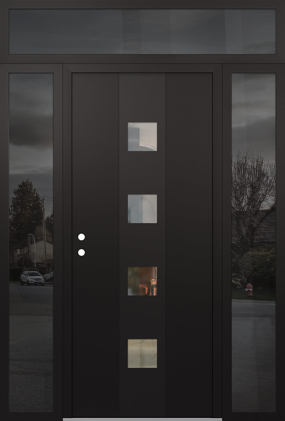 Modern Steel Front Door DIAMOND A12 60" X 96" BLACK/BLACK CLEAR GLASS PANEL BLACK RHI WITH 2 SIDELITES AND TRANSOM MIRRORED GLASS