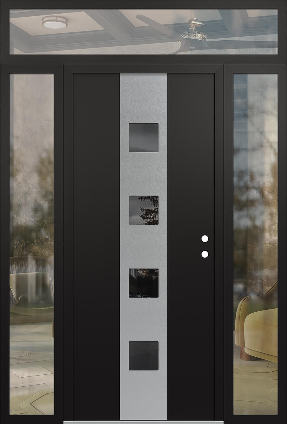 Modern Steel Front Door DIAMOND A12 60" X 96" BLACK/BLACK MIRRORED GLASS PANEL STAINLESS STEEL LHI WITH 2 SIDELITES AND TRANSOM CLEAR GLASS
