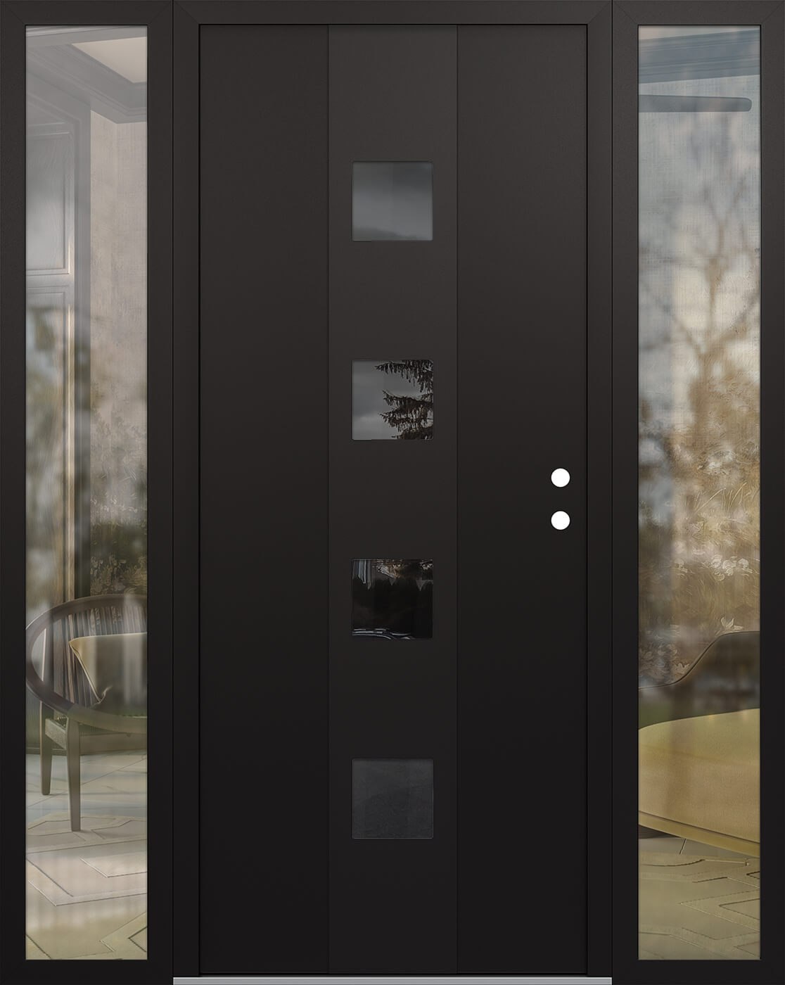 Modern Steel Front Door DIAMOND A12 64" X 80" BLACK/BLACK MIRRORED GLASS PANEL BLACK LHI WITH 2 SIDELITES CLEAR GLASS