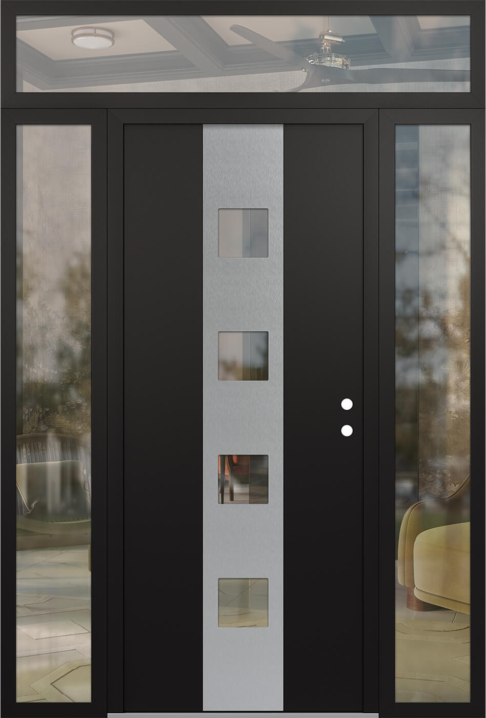 Modern Steel Front Door DIAMOND A12 64" X 96" BLACK/BLACK CLEAR GLASS PANEL STAINLESS STEEL LHI WITH 2 SIDELITES AND TRANSOM CLEAR GLASS