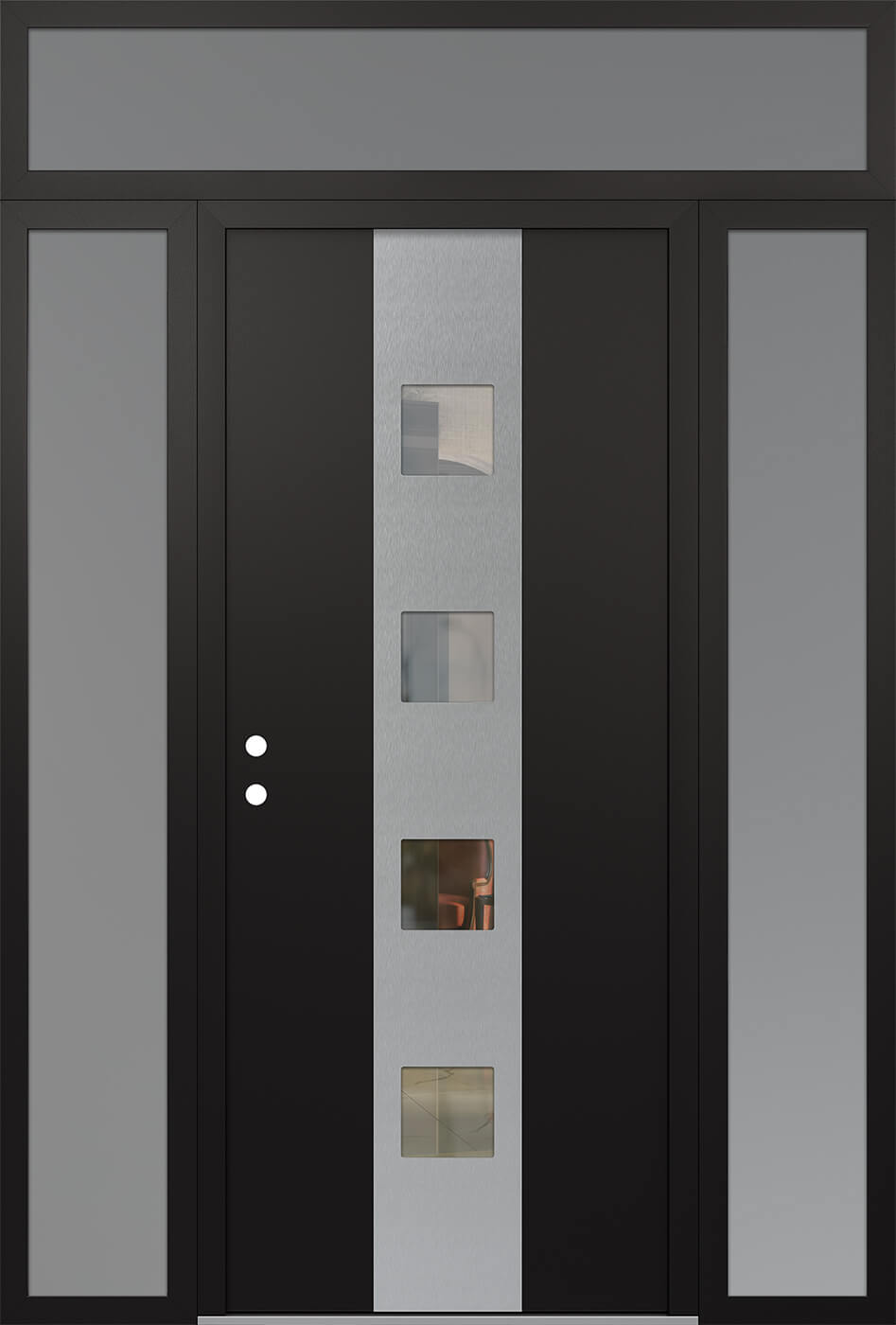 Modern Steel Front Door DIAMOND A12 64" X 96" BLACK/BLACK CLEAR GLASS PANEL STAINLESS STEEL RHI WITH 2 SIDELITES AND TRANSOM FROSTED GLASS