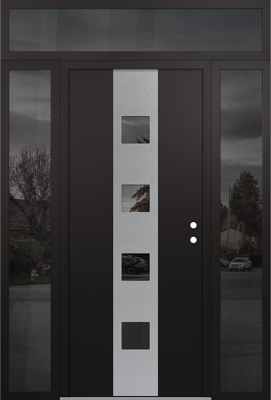 Modern Steel Front Door DIAMOND A12 64" X 96" BLACK/BLACK MIRRORED GLASS PANEL STAINLESS STEEL LHI WITH 2 SIDELITES AND TRANSOM MIRRORED GLASS