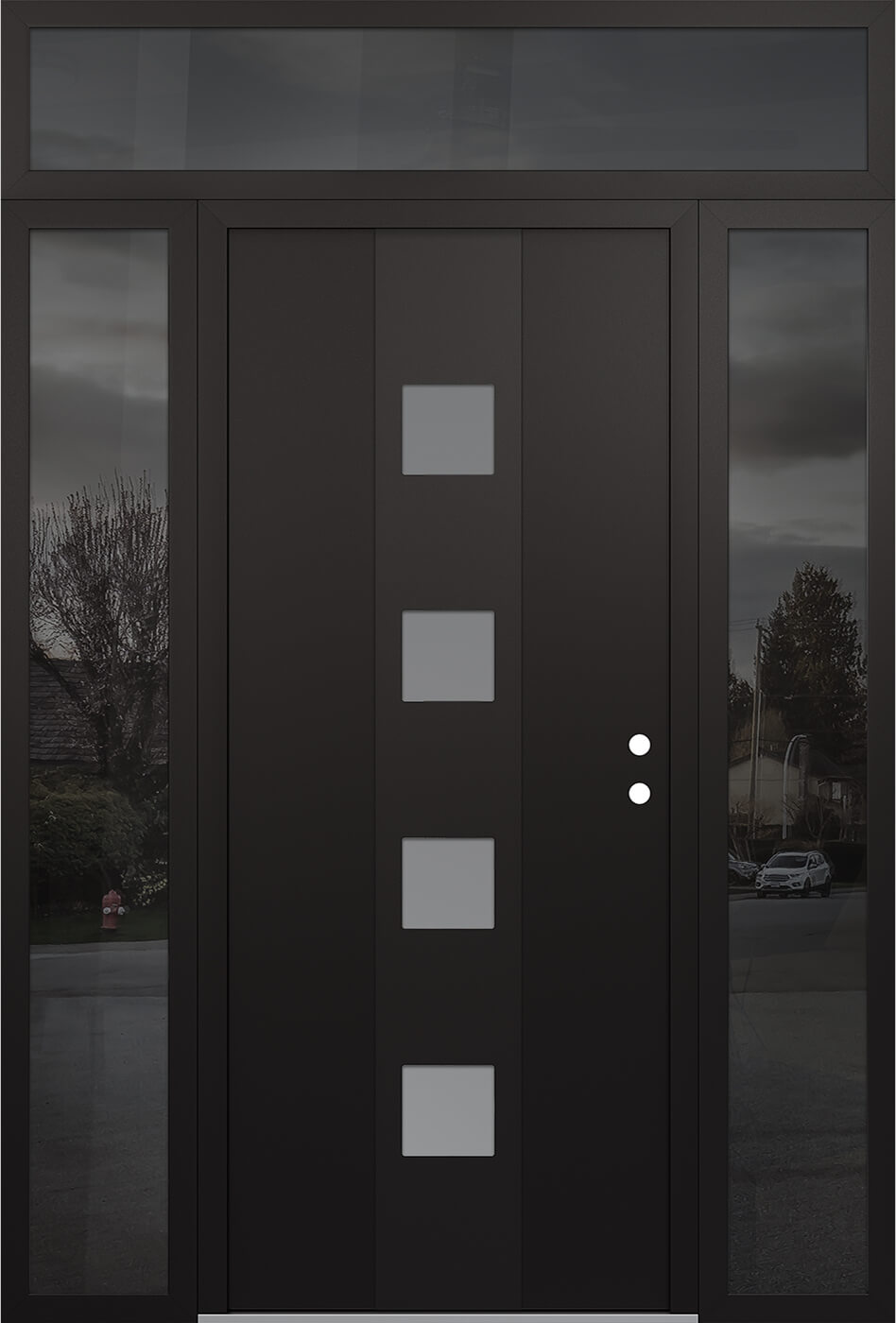 Modern Steel Front Door DIAMOND A12 64" X 96" BLACK/WHITE FROSTED GLASS PANEL BLACK LHI WITH 2 SIDELITES AND TRANSOM MIRRORED GLASS