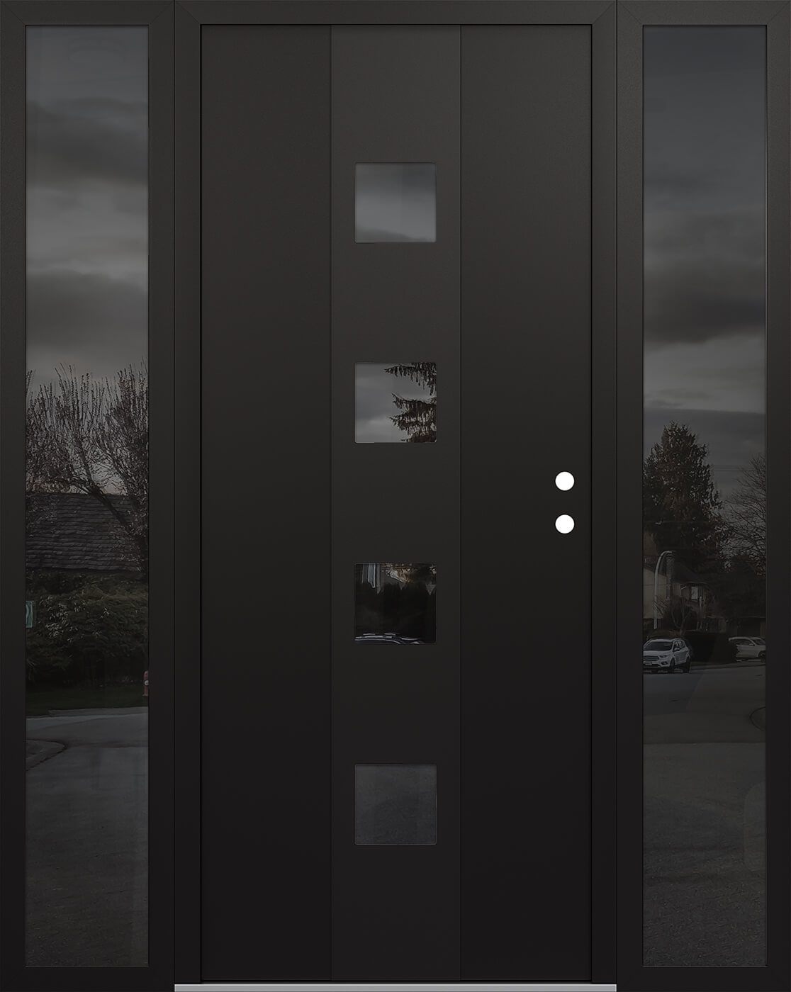 Modern Steel Front Door DIAMOND A12 68" X 80" BLACK/BLACK MIRRORED GLASS PANEL BLACK LHI WITH 2 SIDELITES MIRRORED GLASS