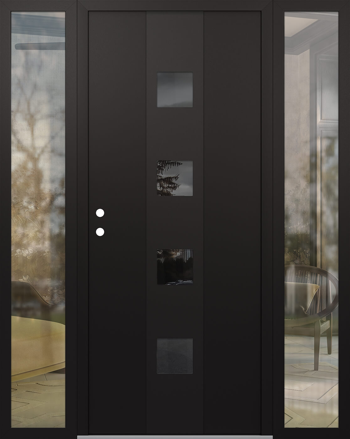 Modern Steel Front Door DIAMOND A12 68" X 80" BLACK/BLACK MIRRORED GLASS PANEL BLACK RHI WITH 2 SIDELITES CLEAR GLASS