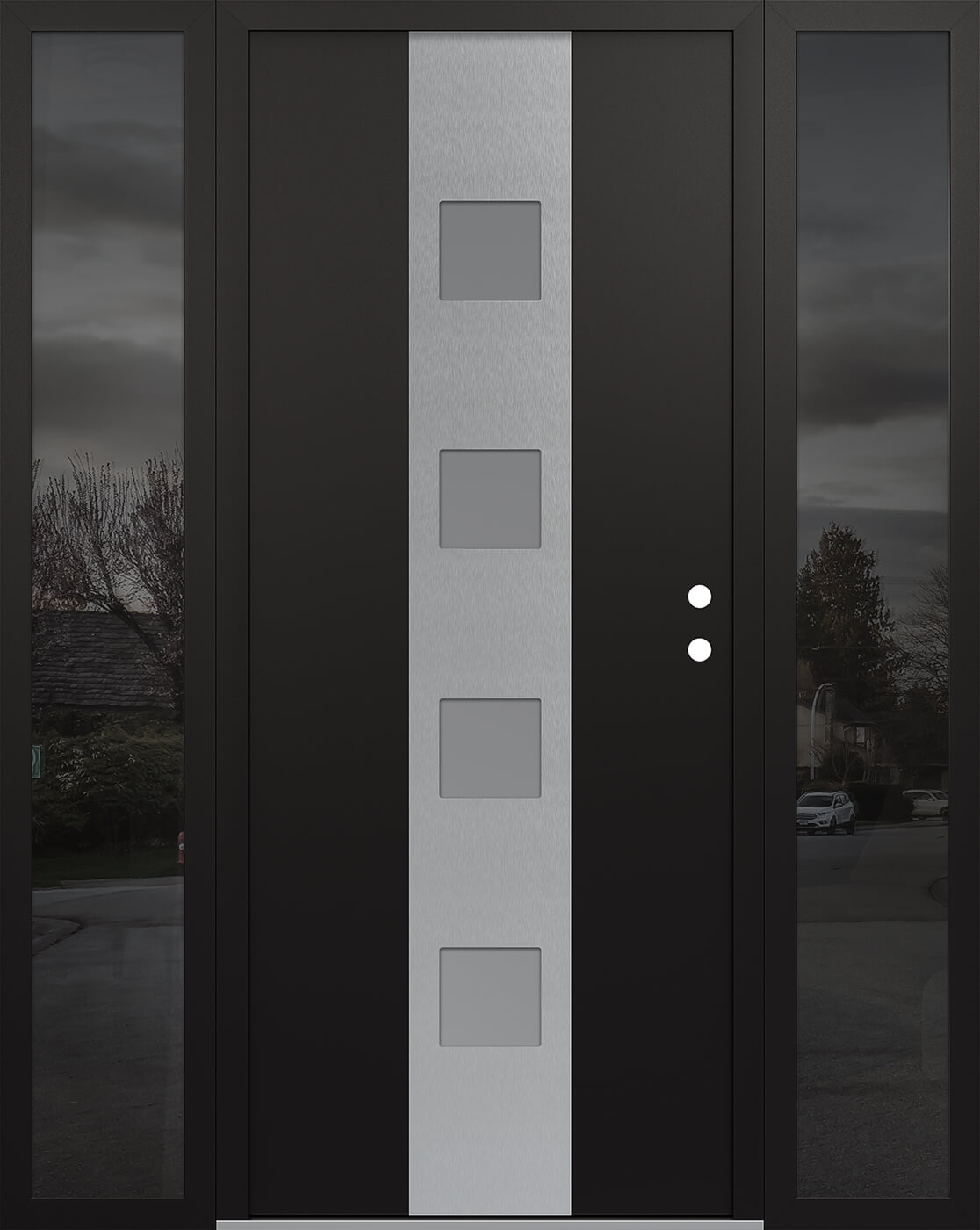 Modern Steel Front Door DIAMOND A12 68" X 80" BLACK/WHITE FROSTED GLASS PANEL STAINLESS STEEL LHI WITH 2 SIDELITES MIRRORED GLASS