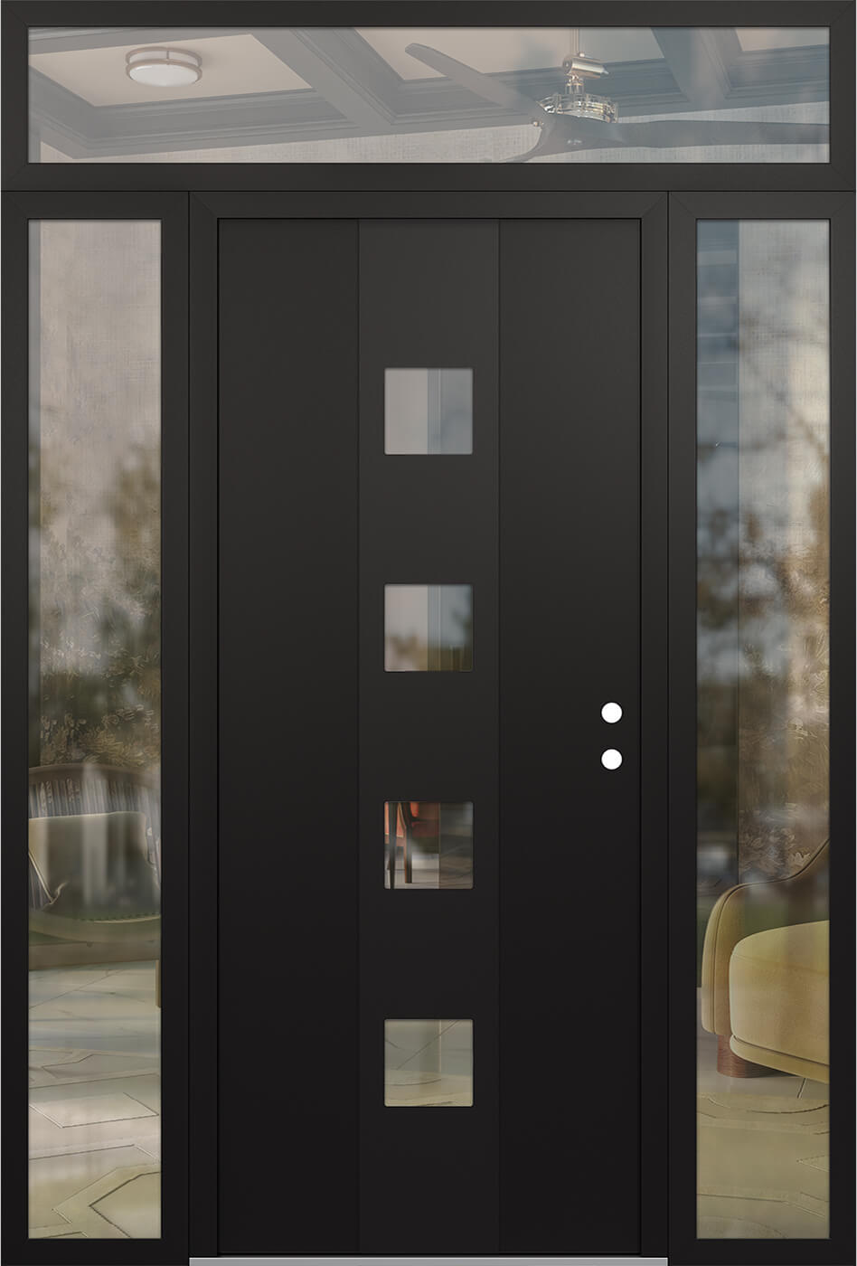 Modern Steel Front Door DIAMOND A12 68" X 96" BLACK/BLACK CLEAR GLASS PANEL BLACK LHI WITH 2 SIDELITES AND TRANSOM CLEAR GLASS