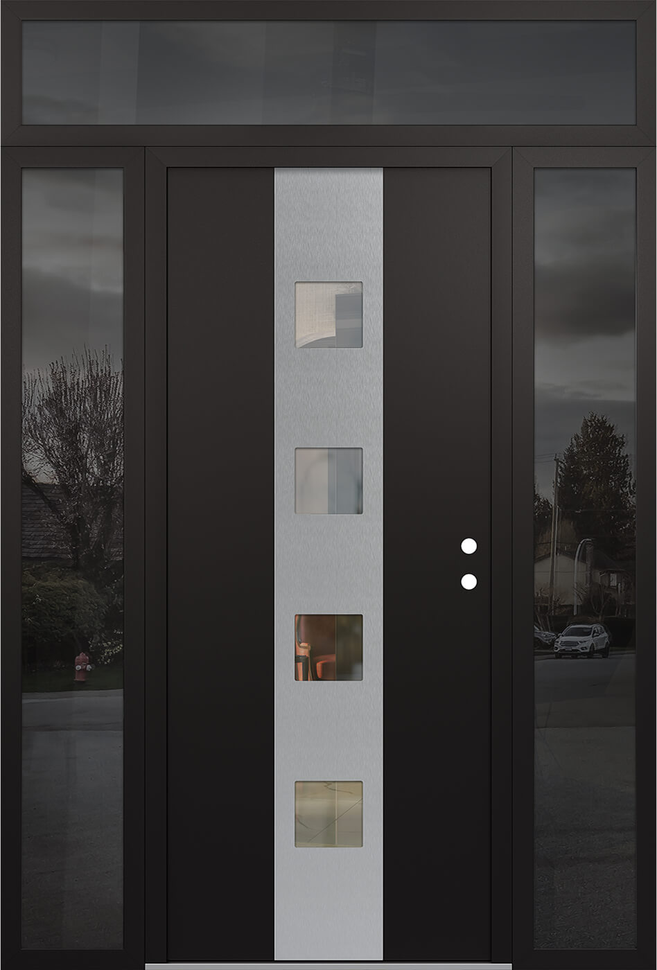 Modern Steel Front Door DIAMOND A12 68" X 96" BLACK/BLACK CLEAR GLASS PANEL STAINLESS STEEL LHI WITH 2 SIDELITES AND TRANSOM MIRRORED GLASS