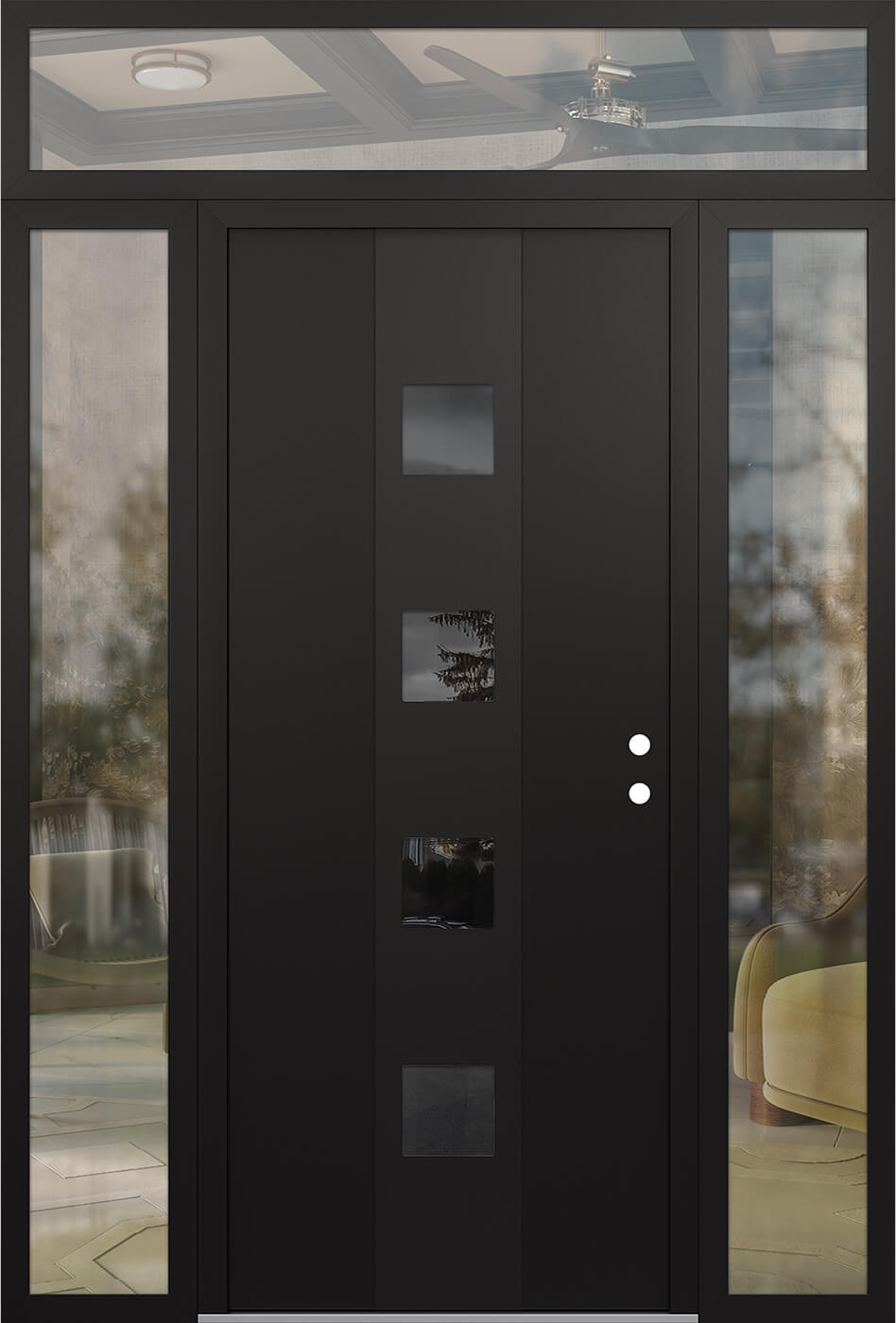 Modern Steel Front Door DIAMOND A12 68" X 96" BLACK/BLACK MIRRORED GLASS PANEL BLACK LHI WITH 2 SIDELITES AND TRANSOM CLEAR GLASS