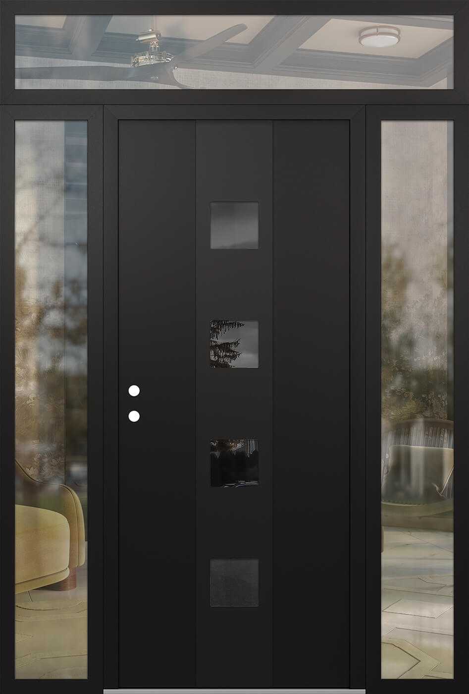 Modern Steel Front Door DIAMOND A12 68" X 96" BLACK/BLACK MIRRORED GLASS PANEL BLACK RHI WITH 2 SIDELITES AND TRANSOM CLEAR GLASS