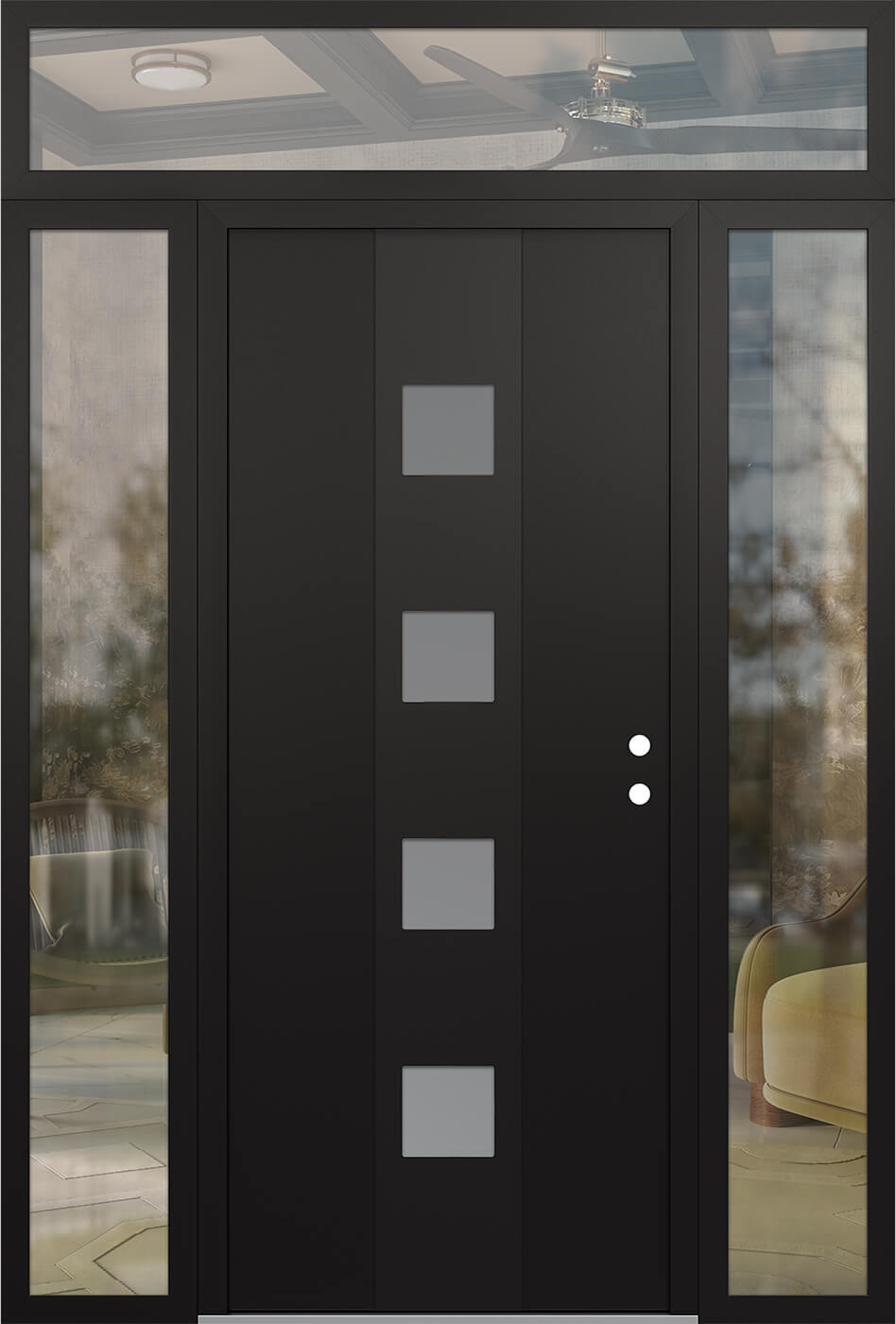 Modern Steel Front Door DIAMOND A12 68" X 96" BLACK/WHITE FROSTED GLASS PANEL BLACK LHI WITH 2 SIDELITES AND TRANSOM CLEAR GLASS