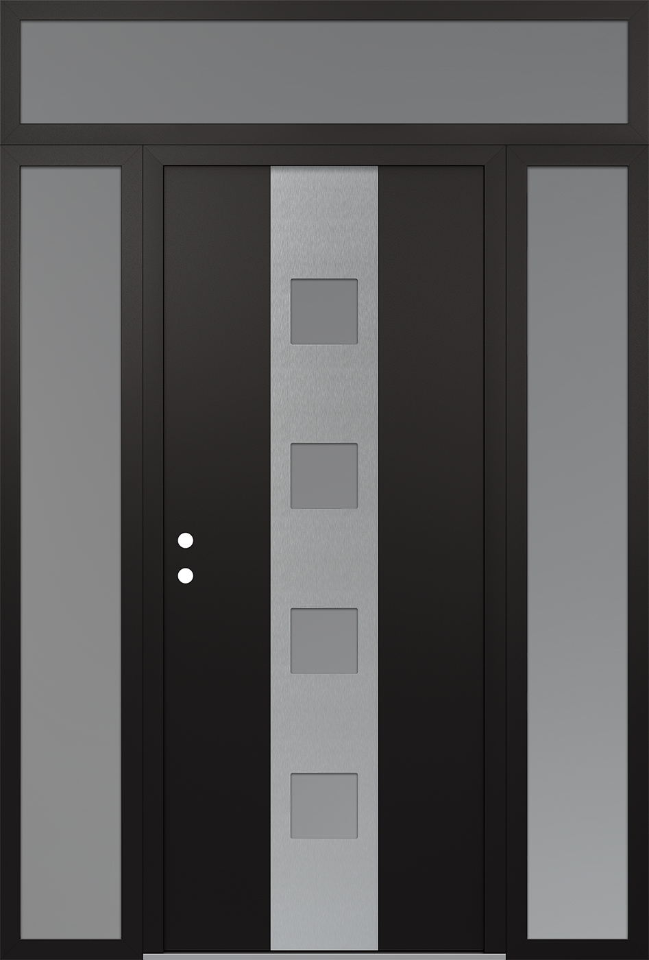 Modern Steel Front Door DIAMOND A12 68" X 96" BLACK/WHITE FROSTED GLASS PANEL STAINLESS STEEL RHI WITH 2 SIDELITES AND TRANSOM FROSTED GLASS