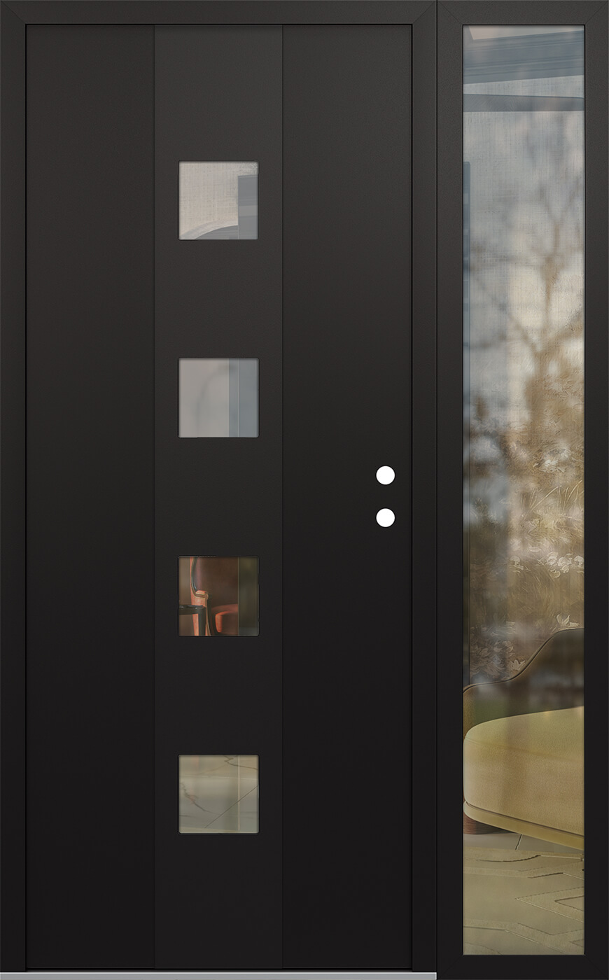 Modern Steel Front Door DIAMOND A12 48" X 80" BLACK/BLACK CLEAR GLASS PANEL BLACK LHI WITH SIDELITE CLEAR GLASS