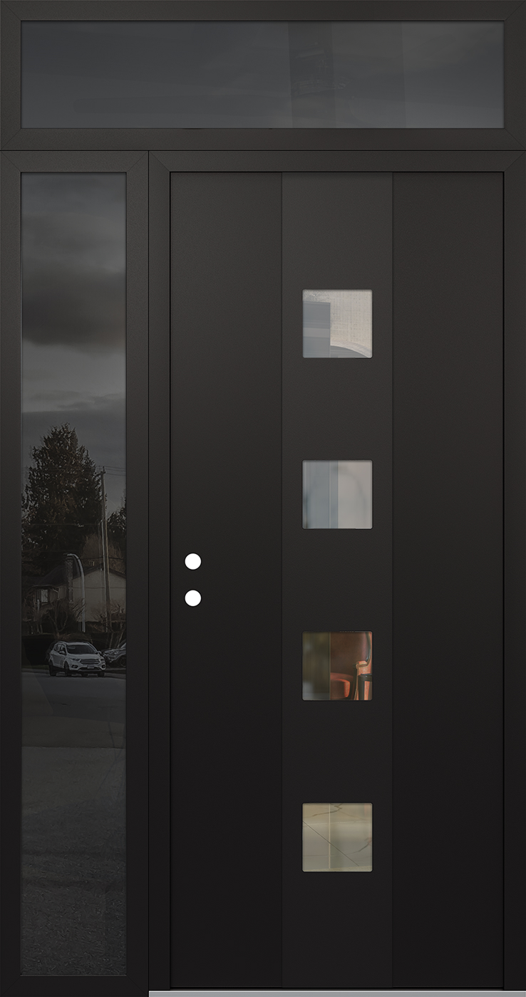 Modern Steel Front Door DIAMOND A12 48" X 96" BLACK/BLACK CLEAR GLASS PANEL BLACK RHI WITH SIDELITE AND TRANSOM FROSTED GLASS