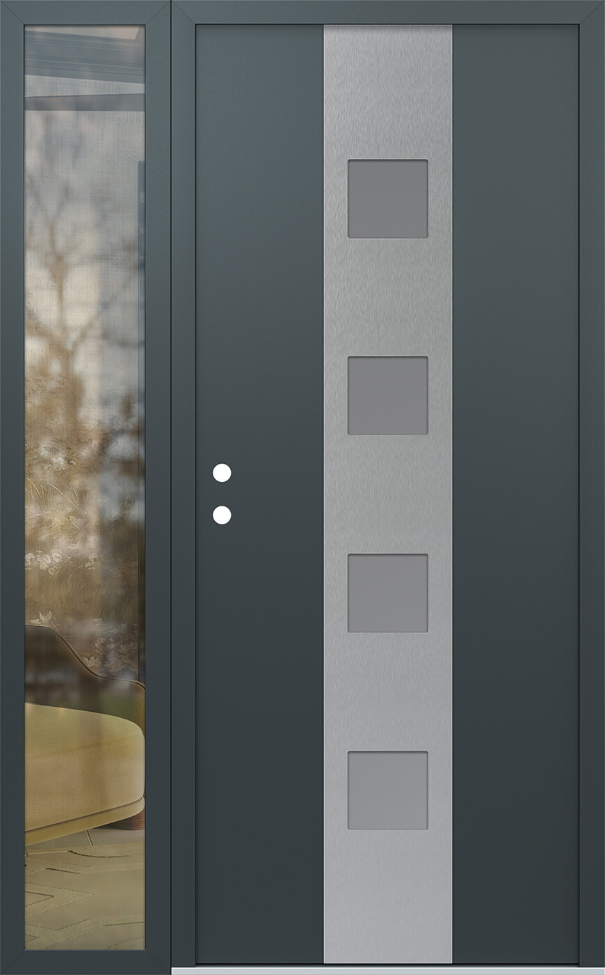 Modern Steel Front Door DIAMOND A12 50" X 80" ANTHRACITE/ANTHRACITE FROSTED GLASS PANEL STAINLESS STEEL LHI WITH SIDELITE CLEAR GLASS