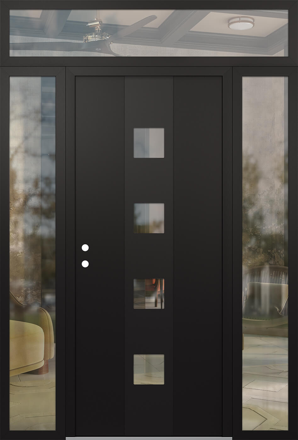 Modern Steel Front Door DIAMOND A12 60" X 96" BLACK/BLACK CLEAR GLASS PANEL BLACK RHI WITH 2 SIDELITES AND TRANSOM FROSTED GLASS